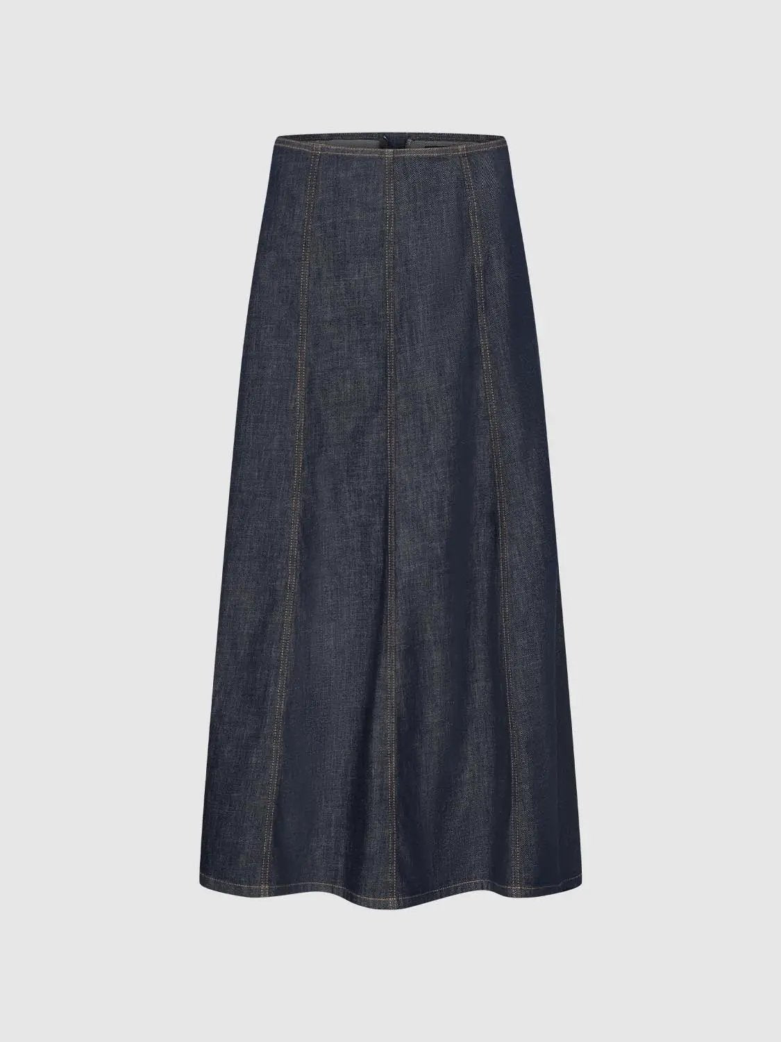 High-waisted denim midi skirt with vertical stitch seams in dark cotton denim
