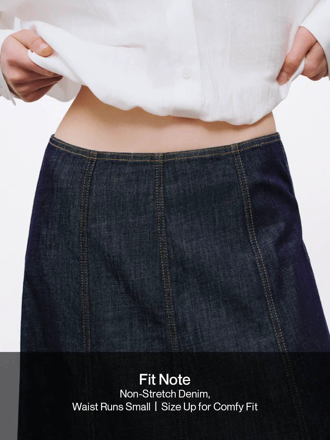 High-Waisted Stitch Detail Seamed Cotton Denim Midi Skirt in dark indigo by Urban Revivo Fashion