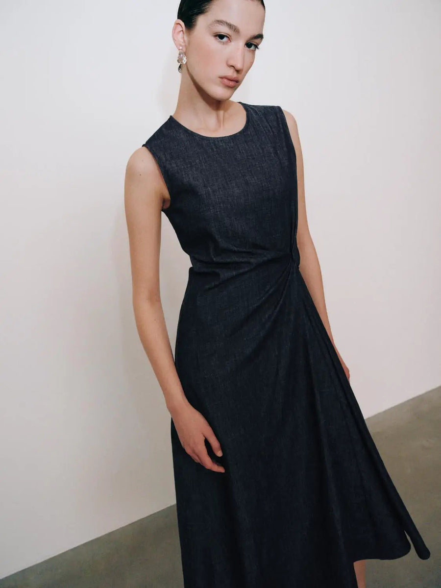 Round Neck Sleeveless Waist Knot Flared Denim Midi Dress, Blue / XL