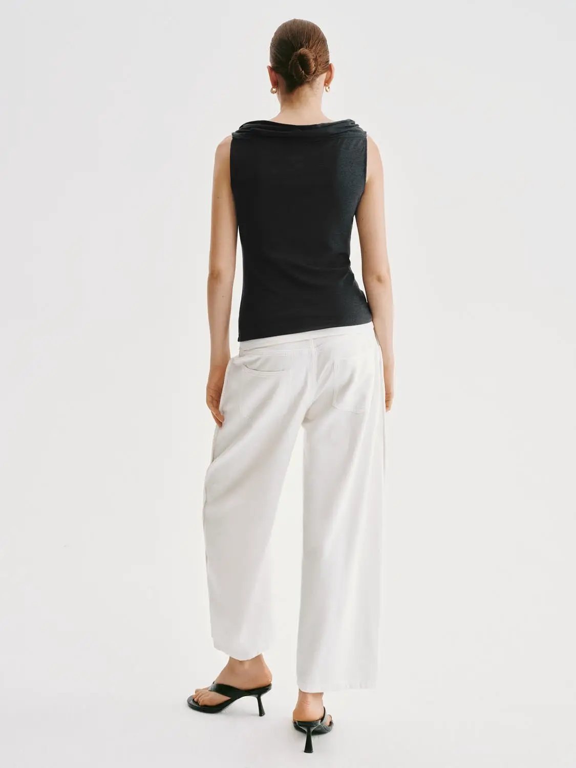 Casual Relaxed Wide-leg Cotton Blend Pants in white, back view of model.