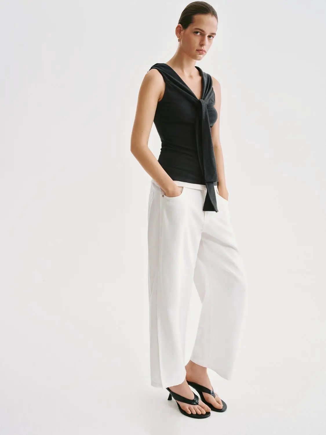 Casual relaxed wide-leg cotton-blend pants for women, white by Urban Revivo Fashion