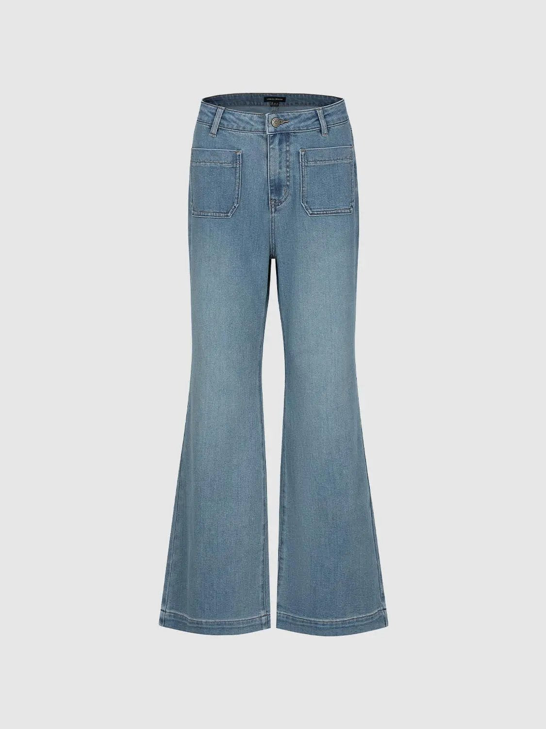 Vintage Style Patch Pocket Wide-leg Jeans by Urban Revivo Fashion in light blue denim with front patch pockets.