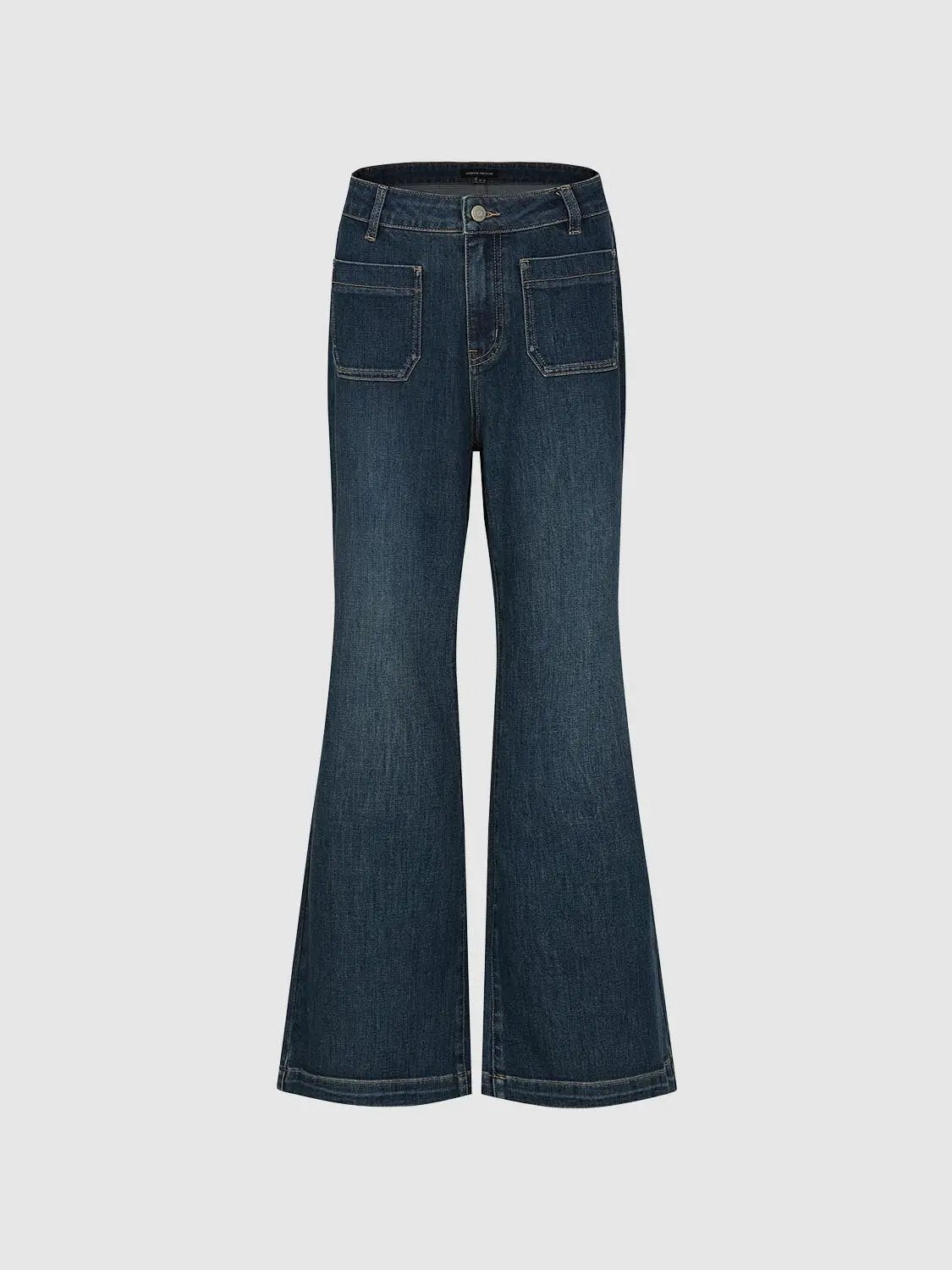 High-waisted Patch Pockets Wide-leg Jeans in dark denim; front patch pockets and a flared wide-leg silhouette