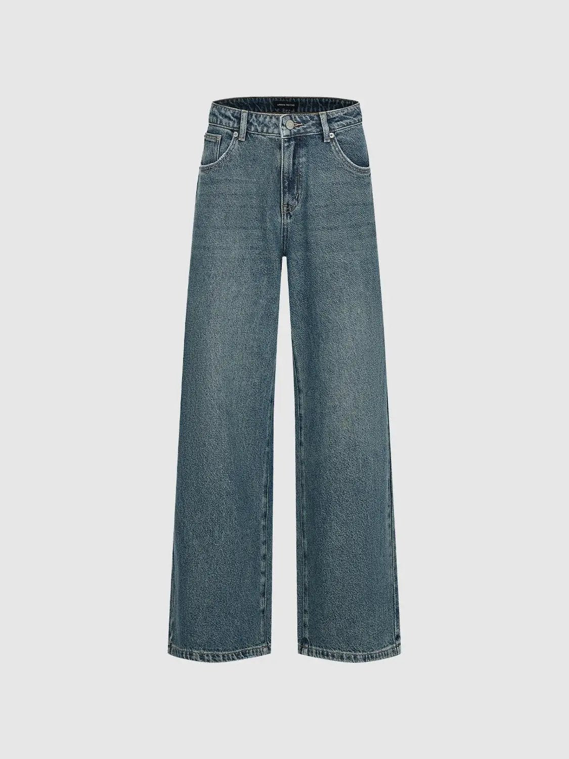 Urban Revivo mid-rise cotton wide-leg jeans in medium-wash denim with classic five-pocket design, full-length