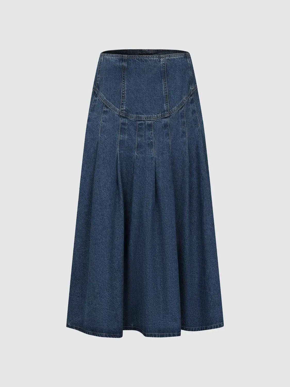 Denim skirt, midi-length with high waist and curved yoke, front pleated panels in medium blue denim.