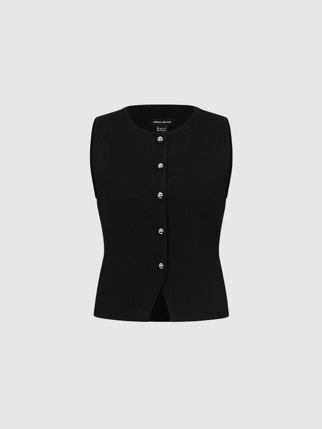 Round-neck sleeveless cropped knit vest with button front in black by Urban Revivo Fashion