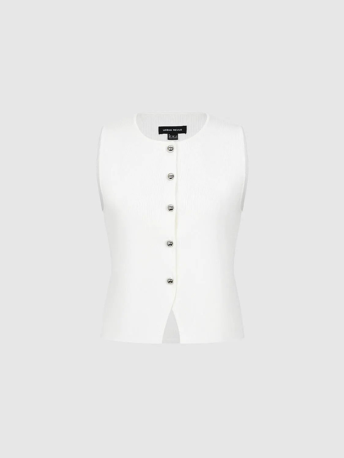 Round-neck sleeveless cropped knit vest by Urban Revivo, white with front buttons.