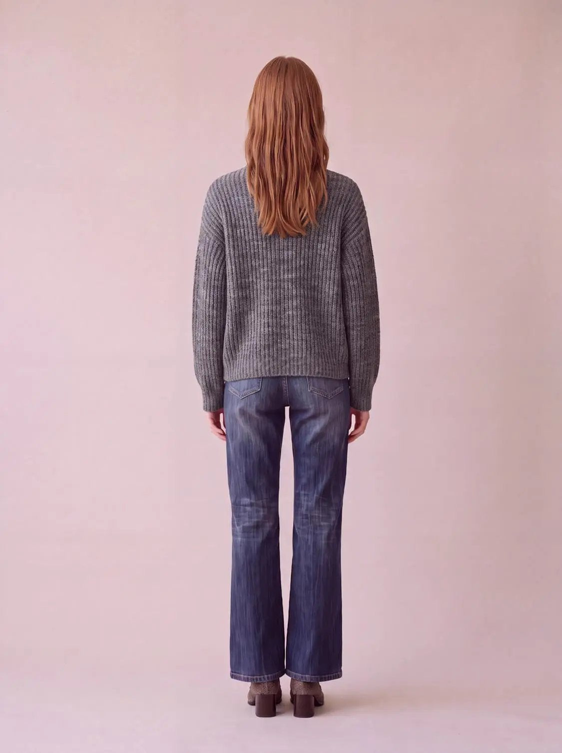 High-neck knitted long-sleeve T-shirt in grey by Urban Revivo Fashion, back view