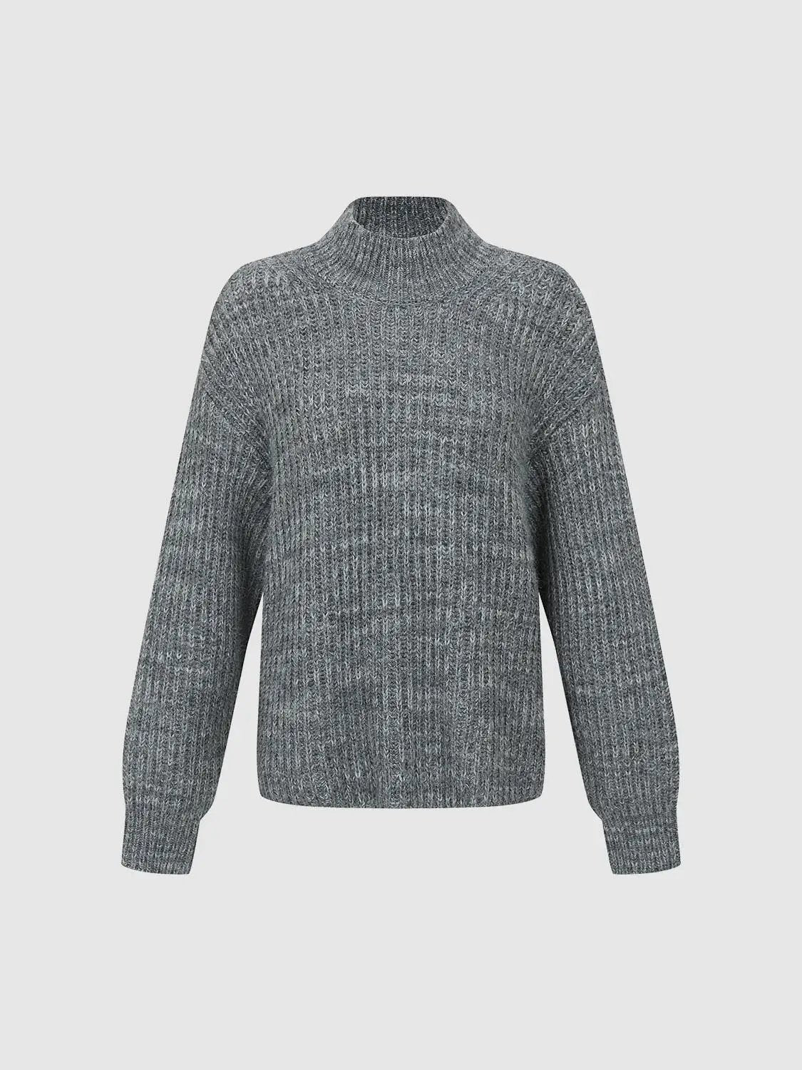High-neck knitted sweater, gray with long sleeves, Urban Revivo