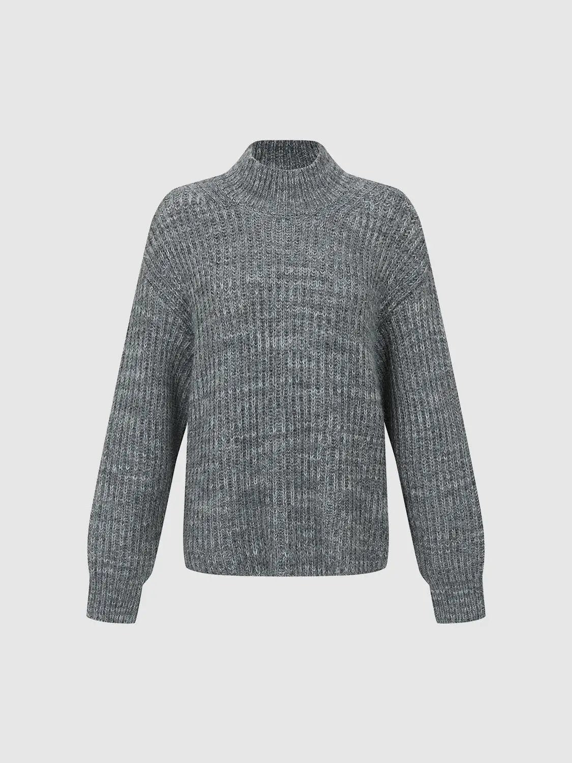 High-neck knitted sweater in grey with long sleeves and marled texture