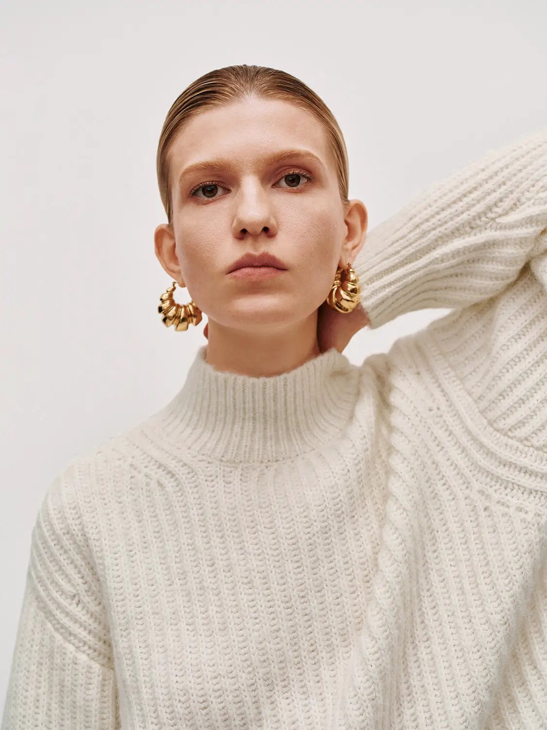 High Neck Long Sleeve Knitted T-Shirts in cream by Urban Revivo Fashion.