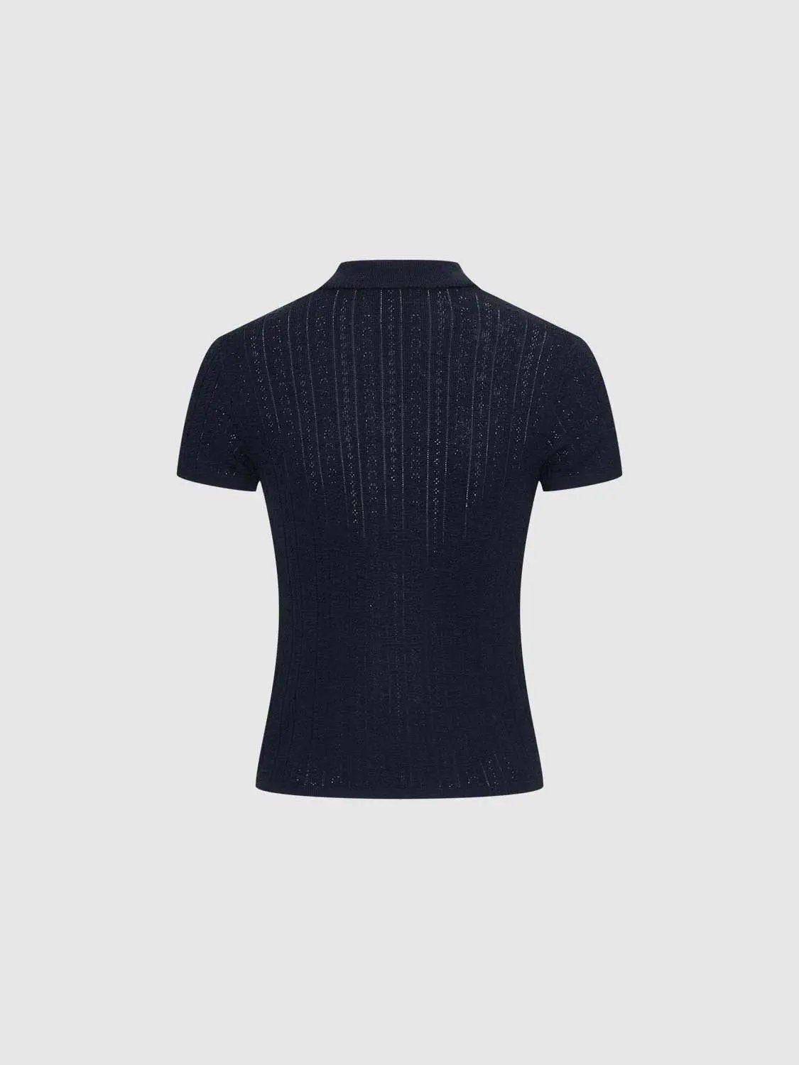 Cable-knit ribbed navy short-sleeve polo cotton shirt.