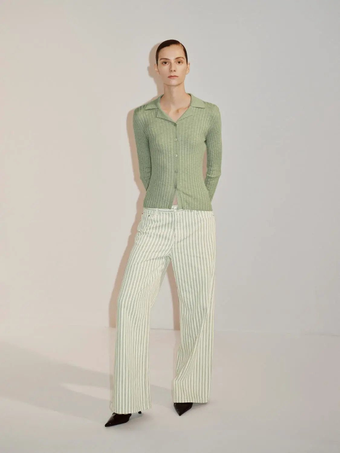 Ribbed cotton-blend shirt-collar cardigan, mint green, women's knit with button-front.