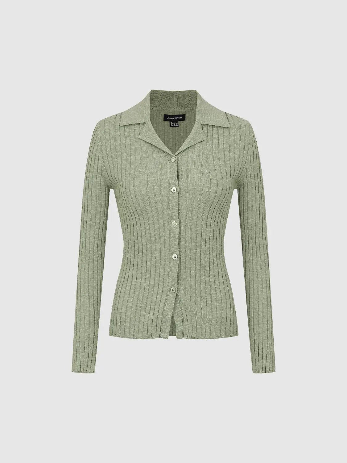 Ribbed cotton-blend shirt-collar cardigan in sage green with long sleeves and button-front, Urban Revivo.