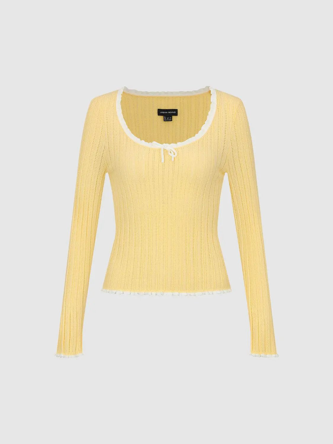 Urban Revivo ribbed square-neck long-sleeve knit T-shirt in yellow with white bow trim and raw hem.