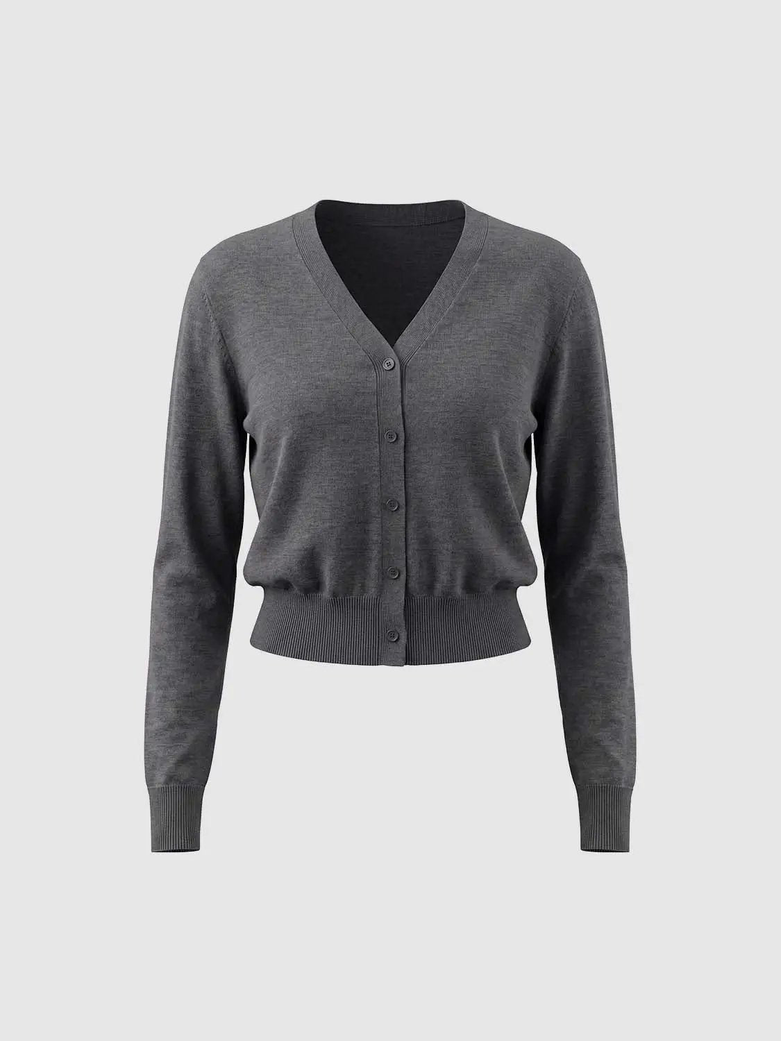 Knitted cardigan in charcoal gray with V-neck, long sleeves, button-front and ribbed hem