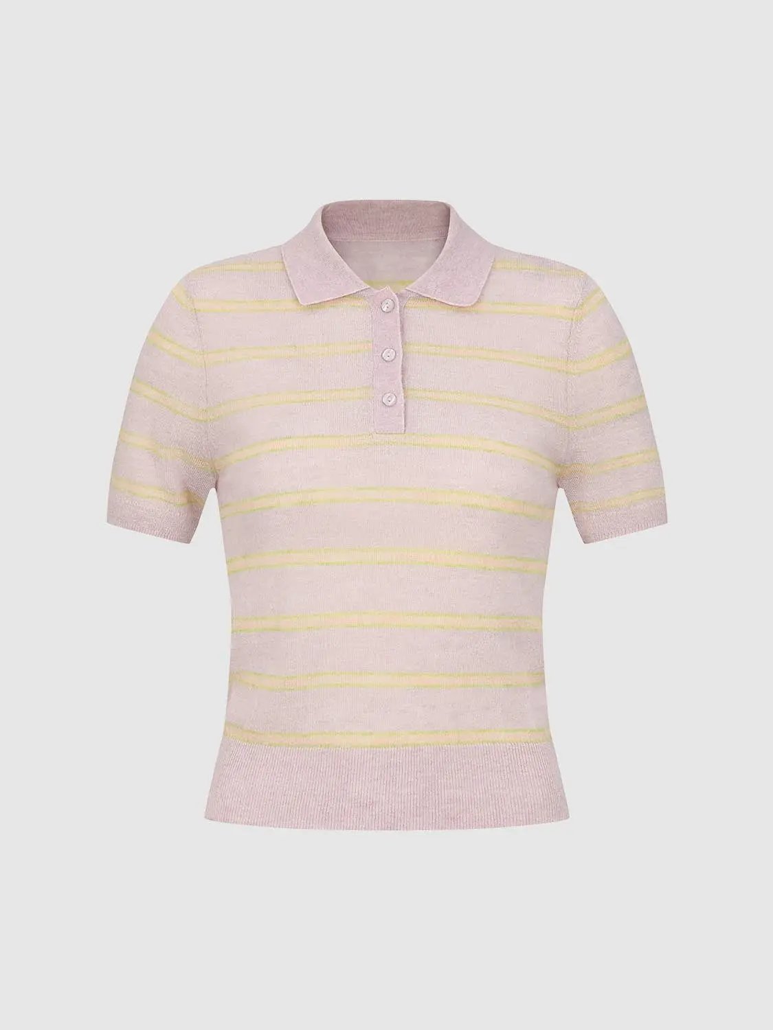 Knit T-Shirt from Urban Revivo Fashion, pink with pale yellow stripes, polo collar and short sleeves.