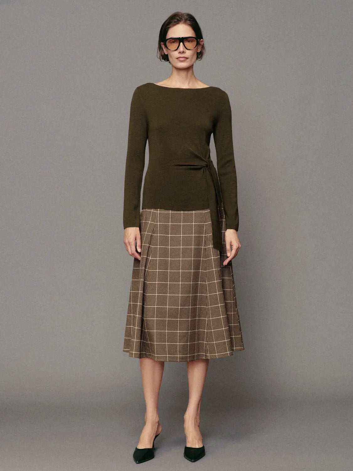 Ribbed long-sleeve boat-neck knit top with tie waist in olive