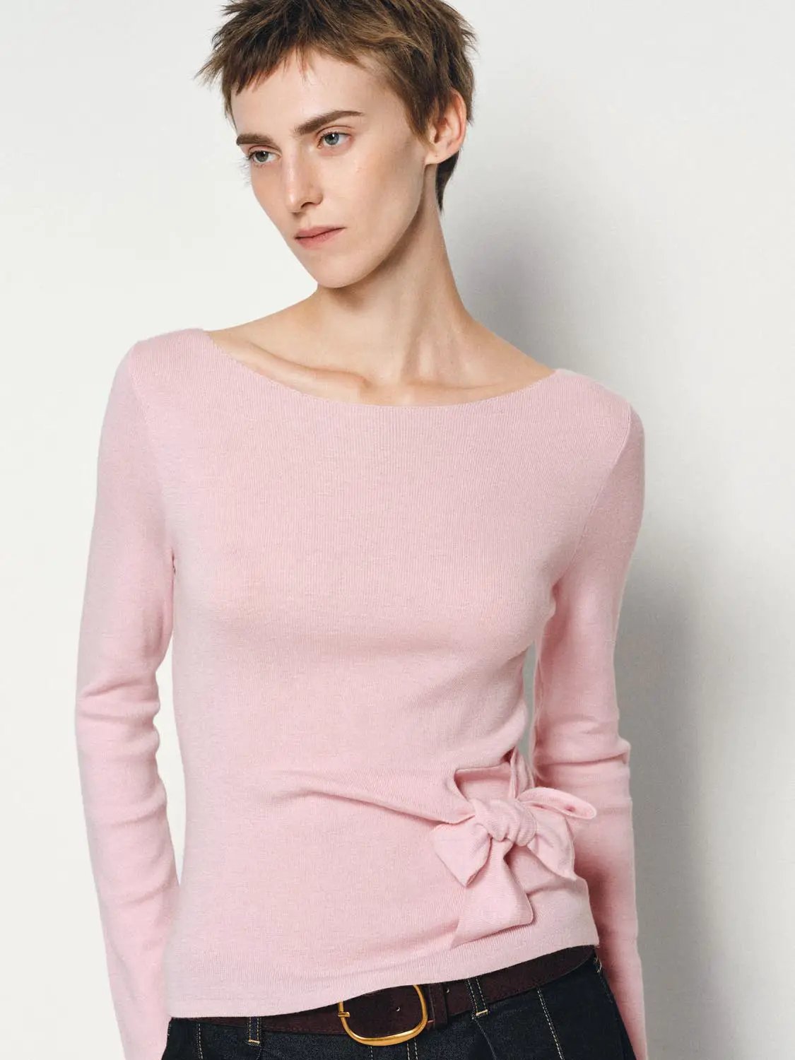 Ribbed Long Sleeve Boat Neck Tie Waist Knit Top with side bow in light pink.