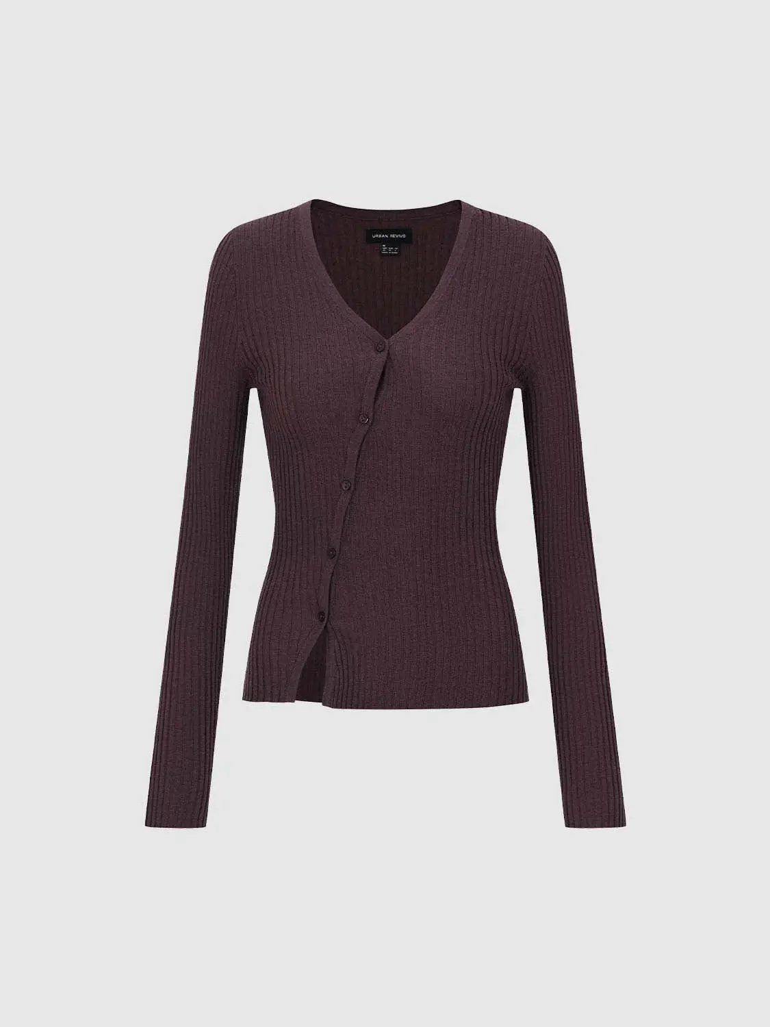 Fitted ribbed knit V-neck long-sleeve cardigan in burgundy by Urban Revivo Fashion