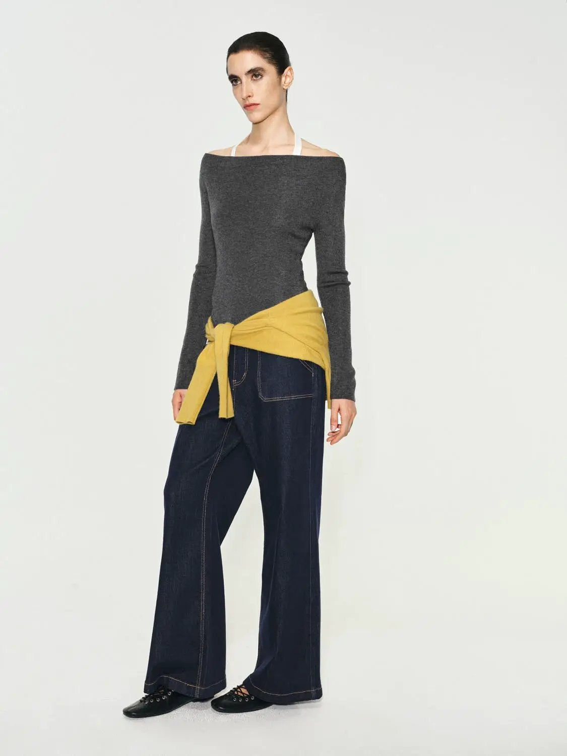 Fitted contrast-hem boat-neck long-sleeve knit top, Urban Revivo Fashion, grey; mustard sweater and dark denim jeans