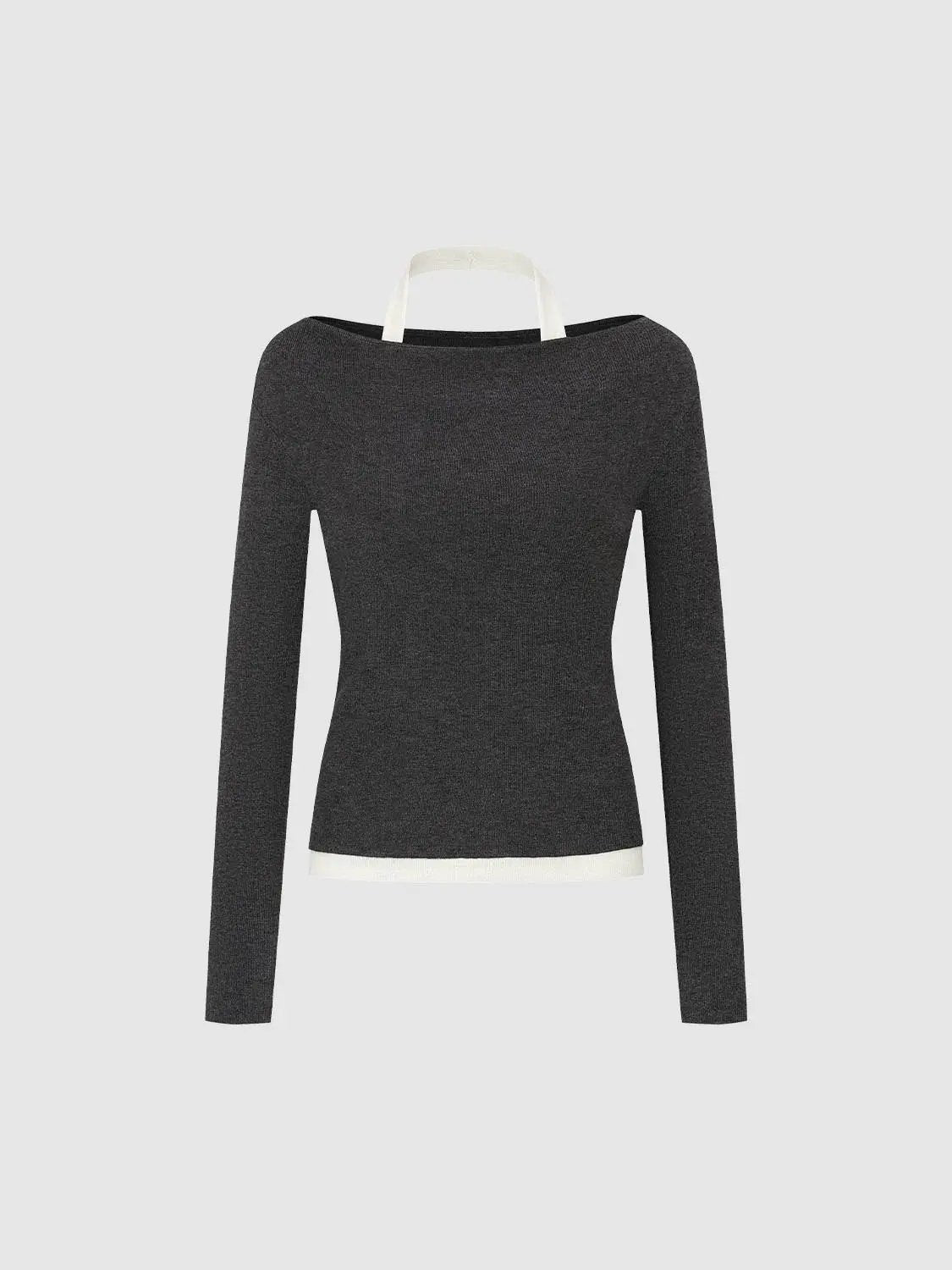 Fitted boat-neck knit top with white contrast hem and neckline trim, charcoal gray.