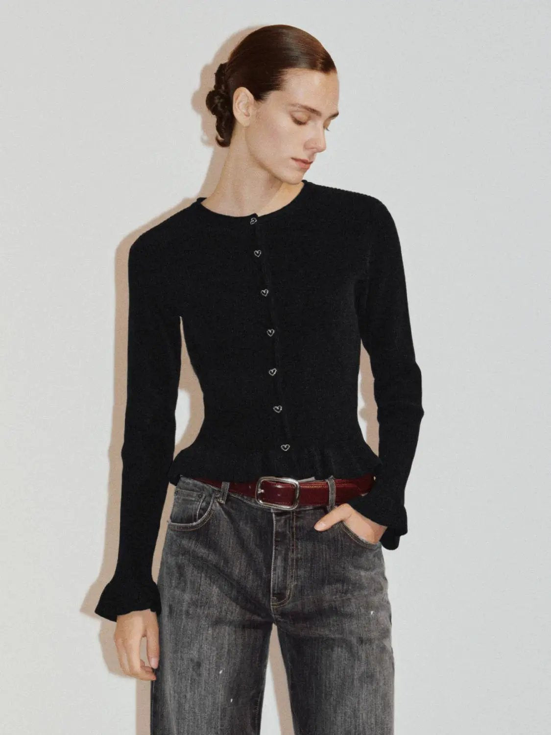 Ribbed Heart Button Crew Neck Long Sleeve Cardigan in black knit by Urban Revivo Fashion