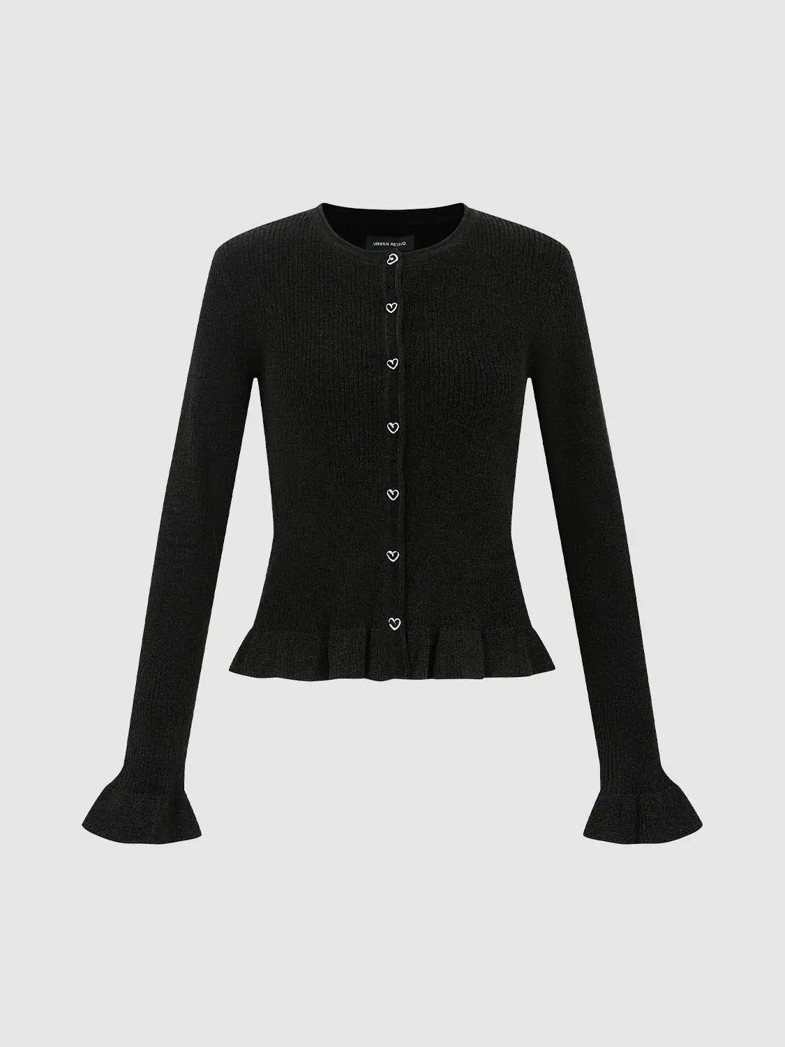 Ribbed heart-button cardigan in black by Urban Revivo Fashion; crew neck, long-sleeve with peplum hem.