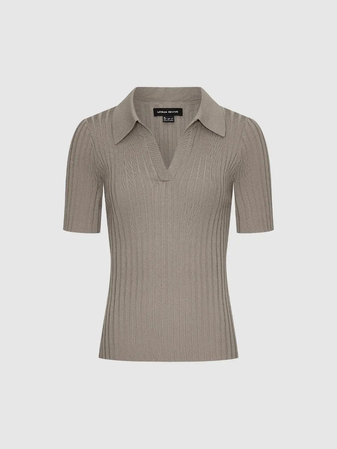 Urban Revivo beige ribbed knit polo top with collar, short sleeves