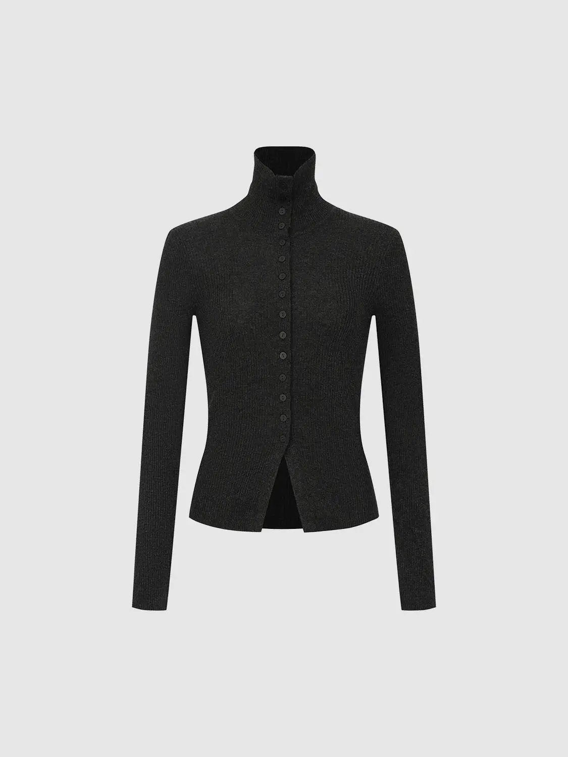 Ribbed slim mock-neck knitted cardigan in black with long sleeves and button-front