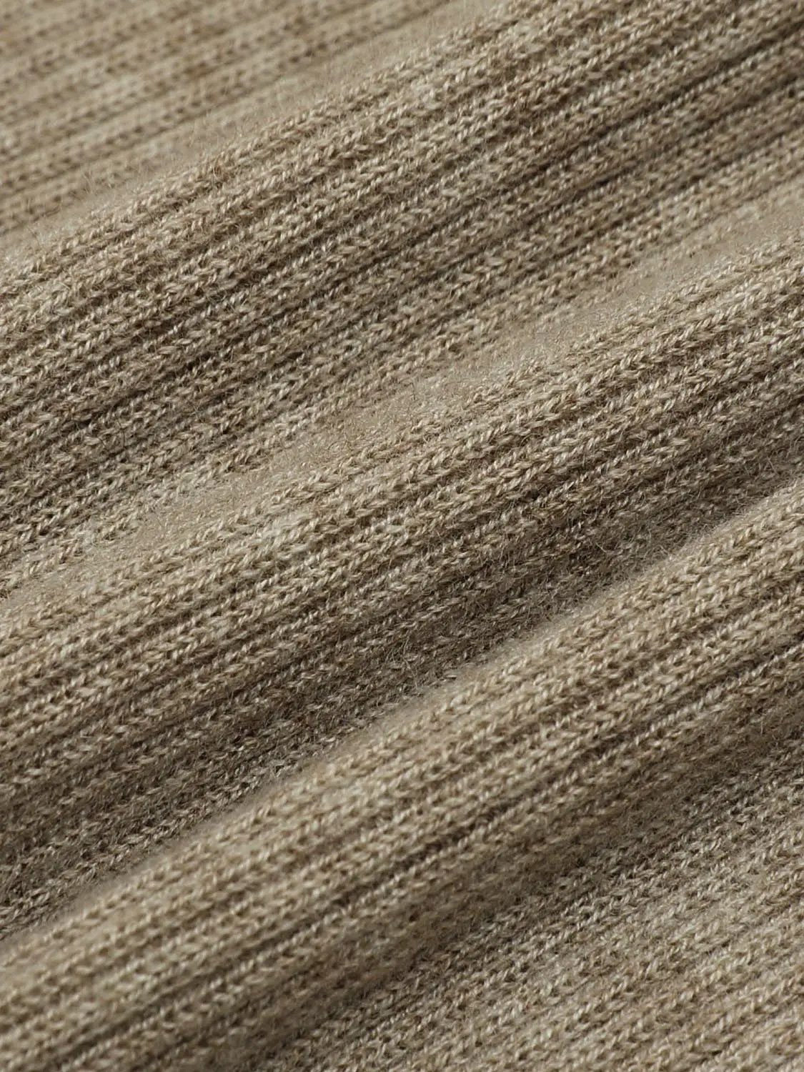 Ribbed Slim Mock Neck Long Sleeve Button Front Knit Jacket in beige-brown heather knit fabric.