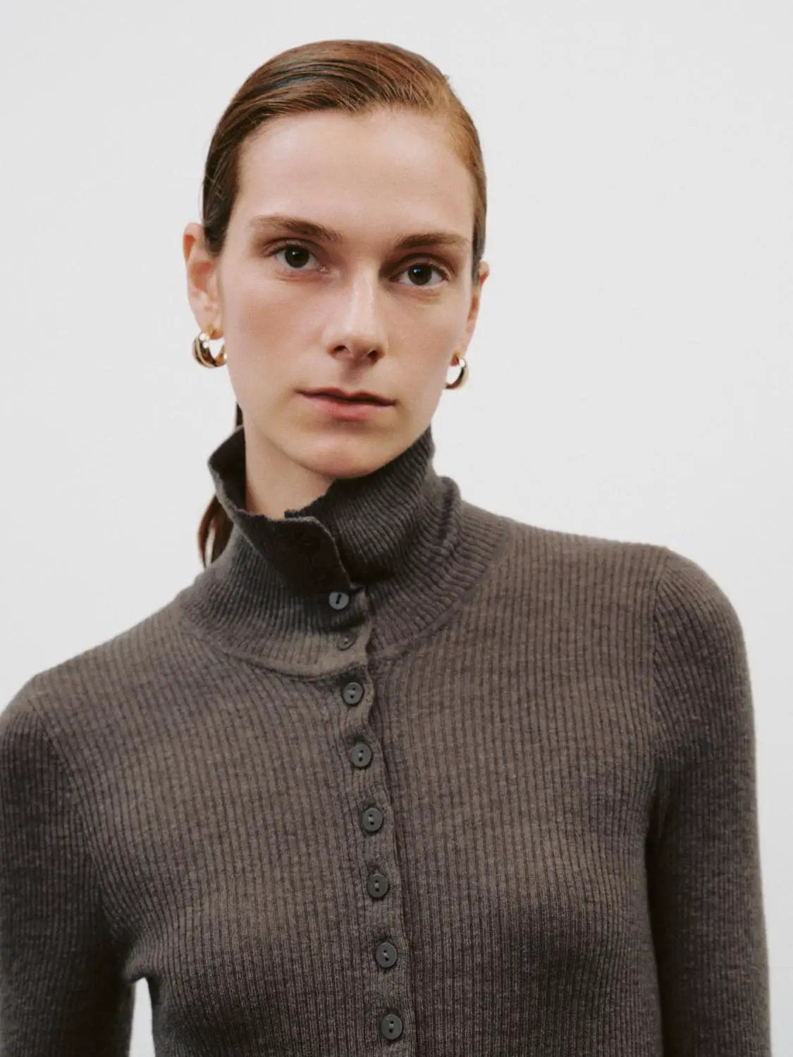 Ribbed slim mock-neck knit cardigan with button-front, taupe brown, Urban Revivo Fashion
