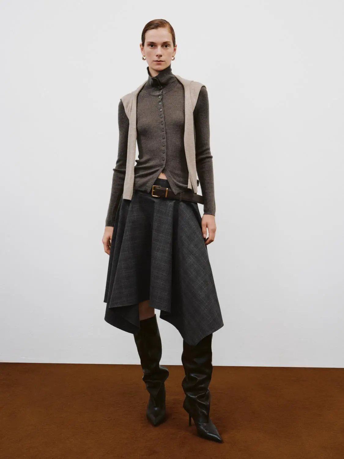 Ribbed slim mock-neck knit cardigan with button-front in charcoal gray