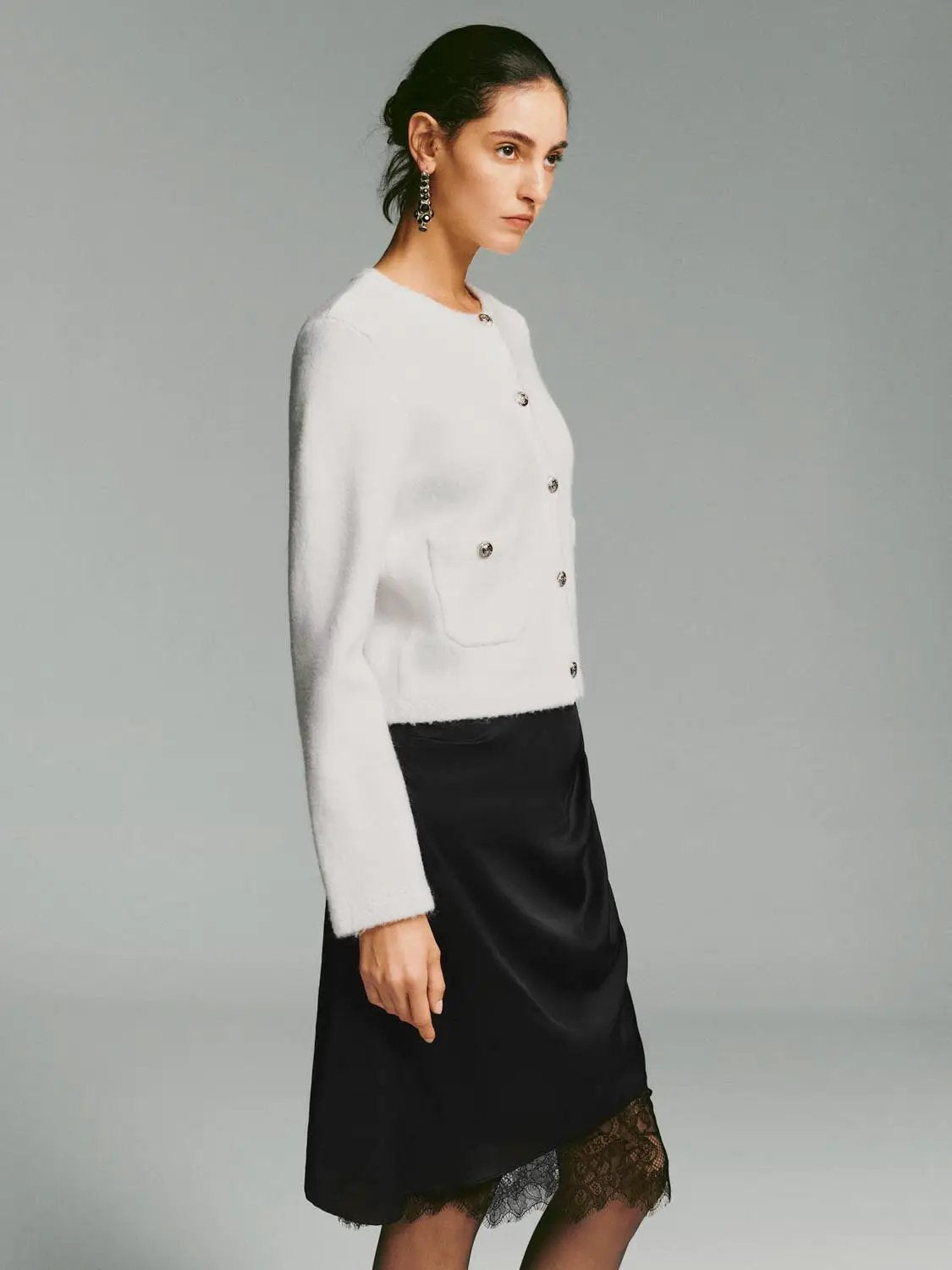 Crew Neck Button Front Long Sleeve Knitwear Jacket in white by Urban Revivo Fashion with silver buttons