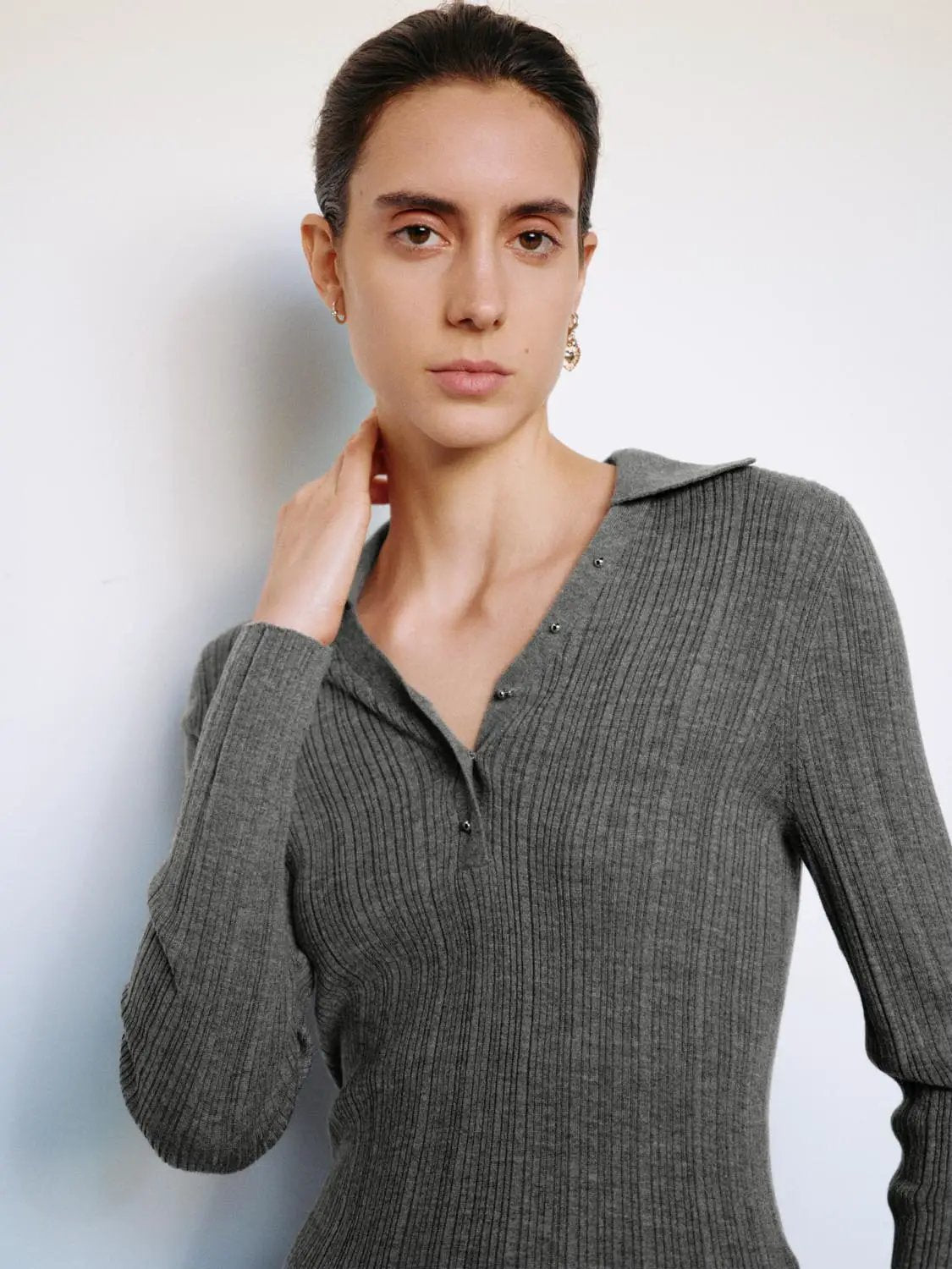 Ribbed fitted polo collar long-sleeve knitted sweater in gray by Urban Revivo Fashion