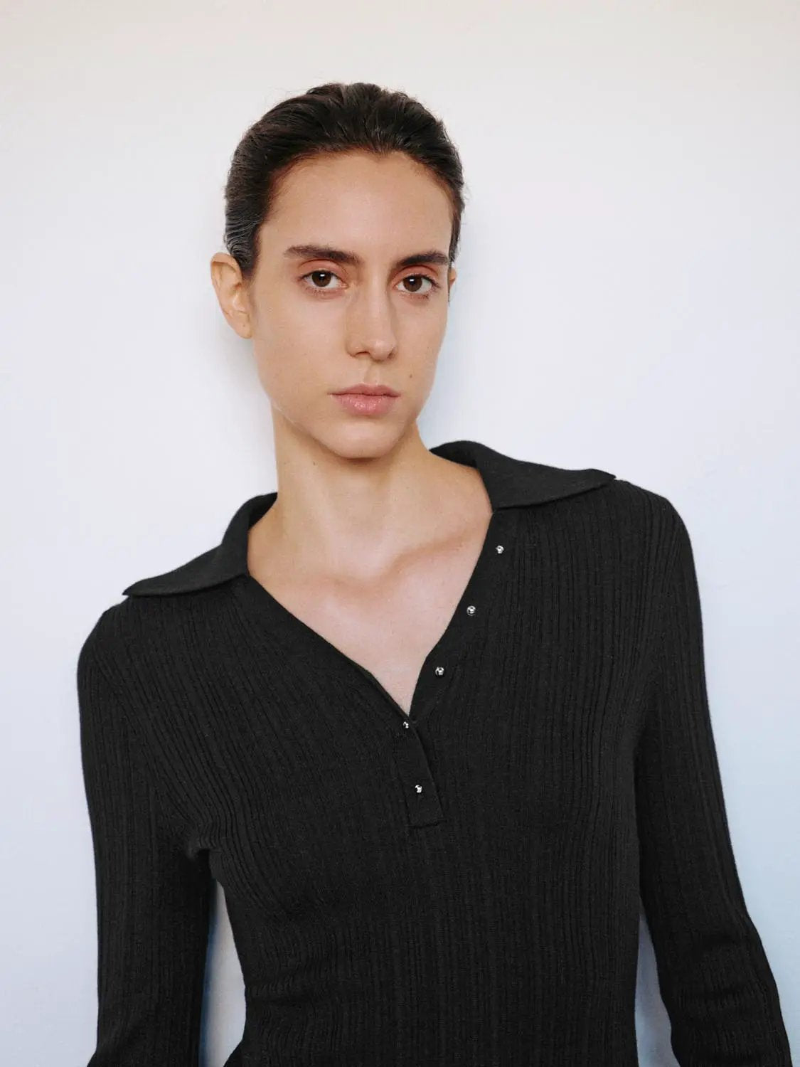 Ribbed Fitted Polo Collar Long Sleeve Sweater, black knit, Urban Revivo Fashion