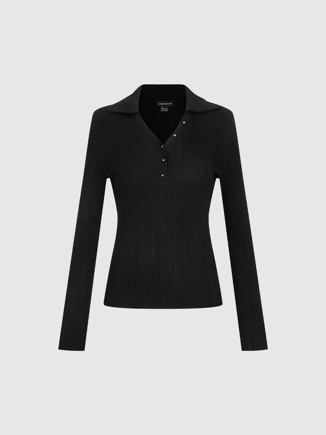 Ribbed fitted polo collar long-sleeve knit sweater Urban Revivo Fashion black