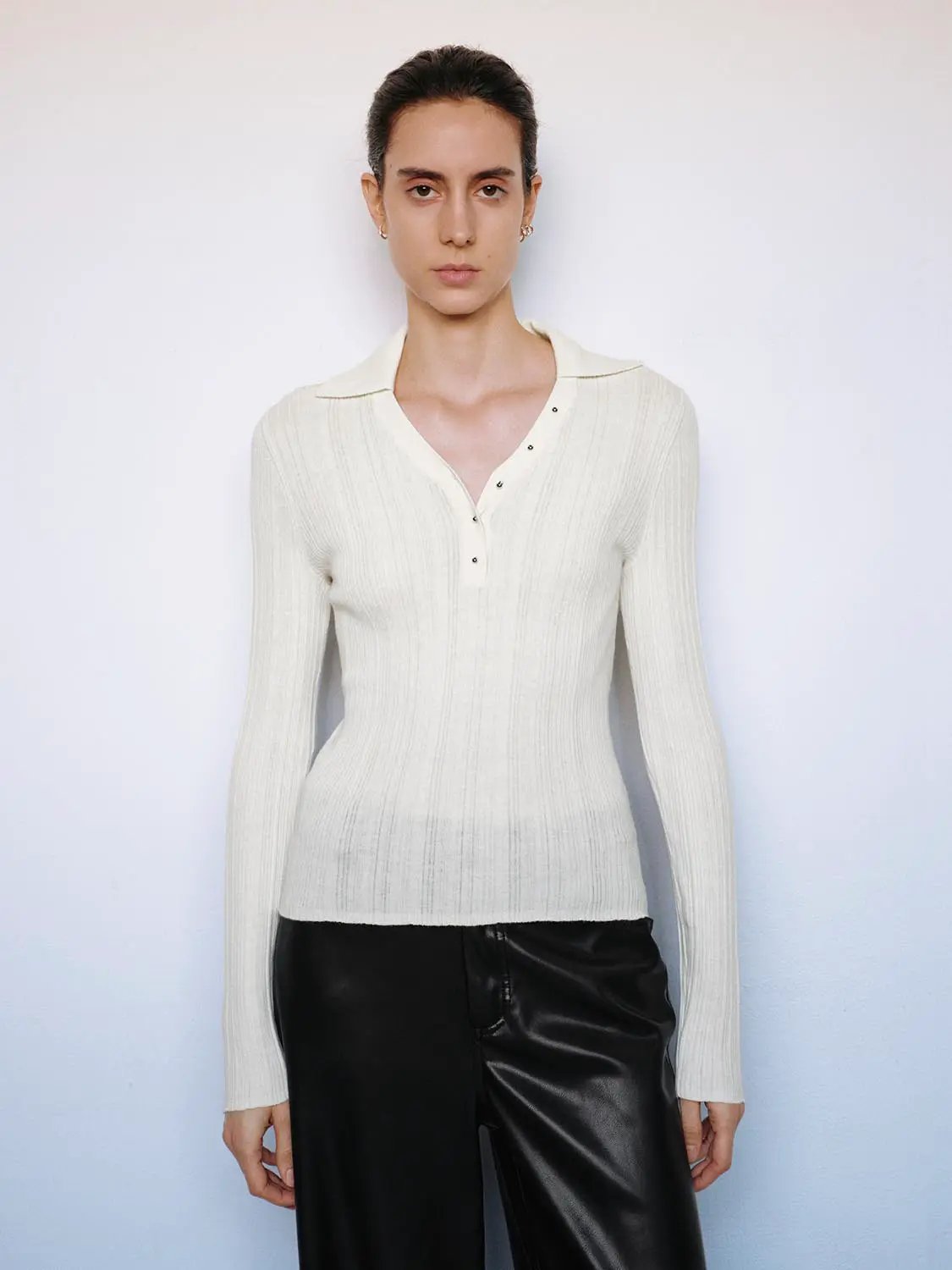 Ribbed fitted polo-collar long-sleeve sweater in ivory knit by Urban Revivo Fashion