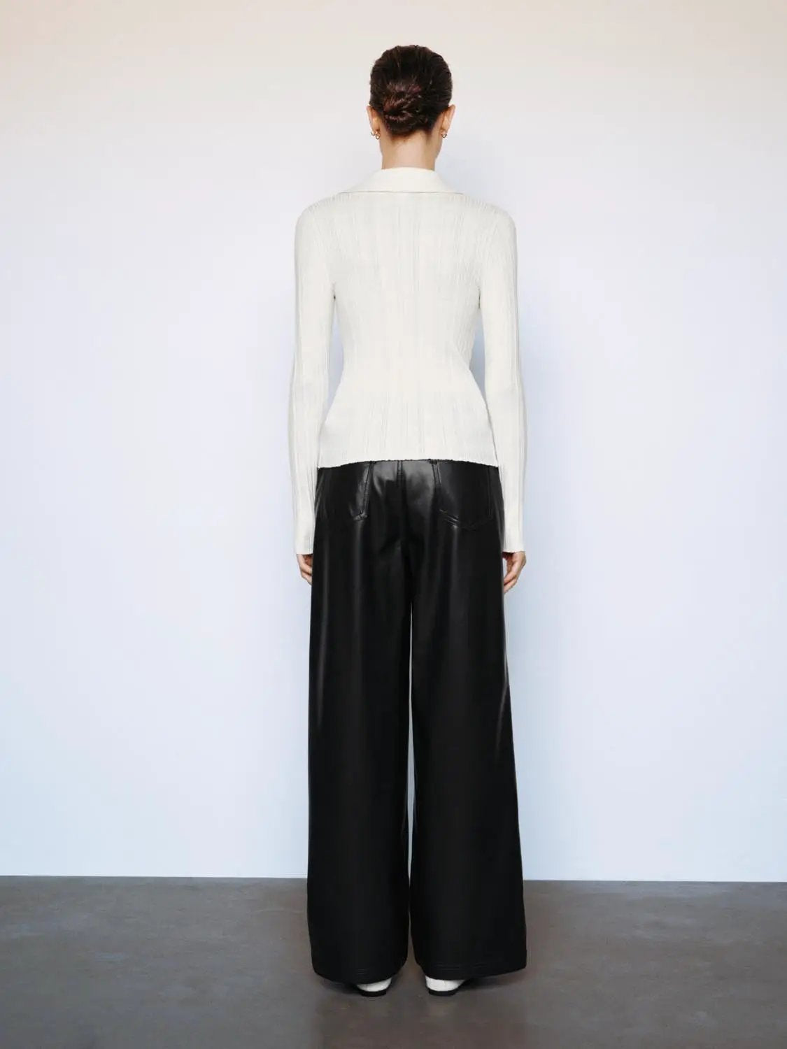 Ribbed Fitted Polo Collar Long Sleeve Sweater, white knit, with black wide-leg pants (2-piece outfit)