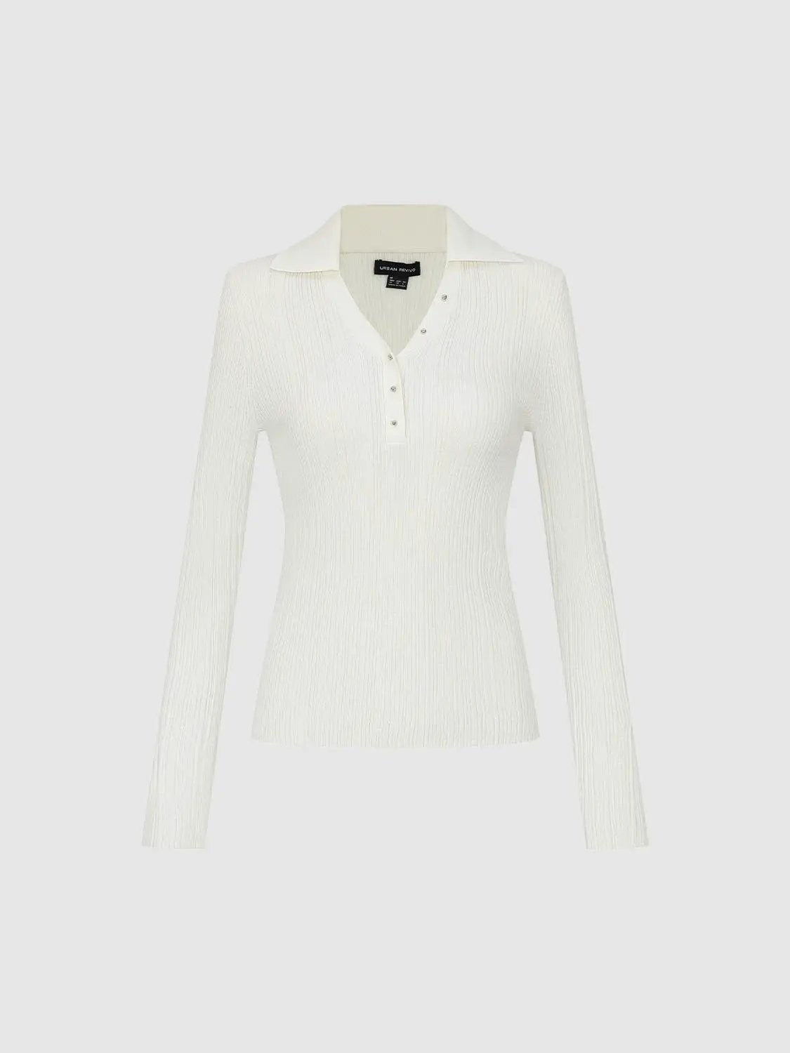 Ribbed fitted polo-collar knit sweater, long sleeves in white, Urban Revivo.
