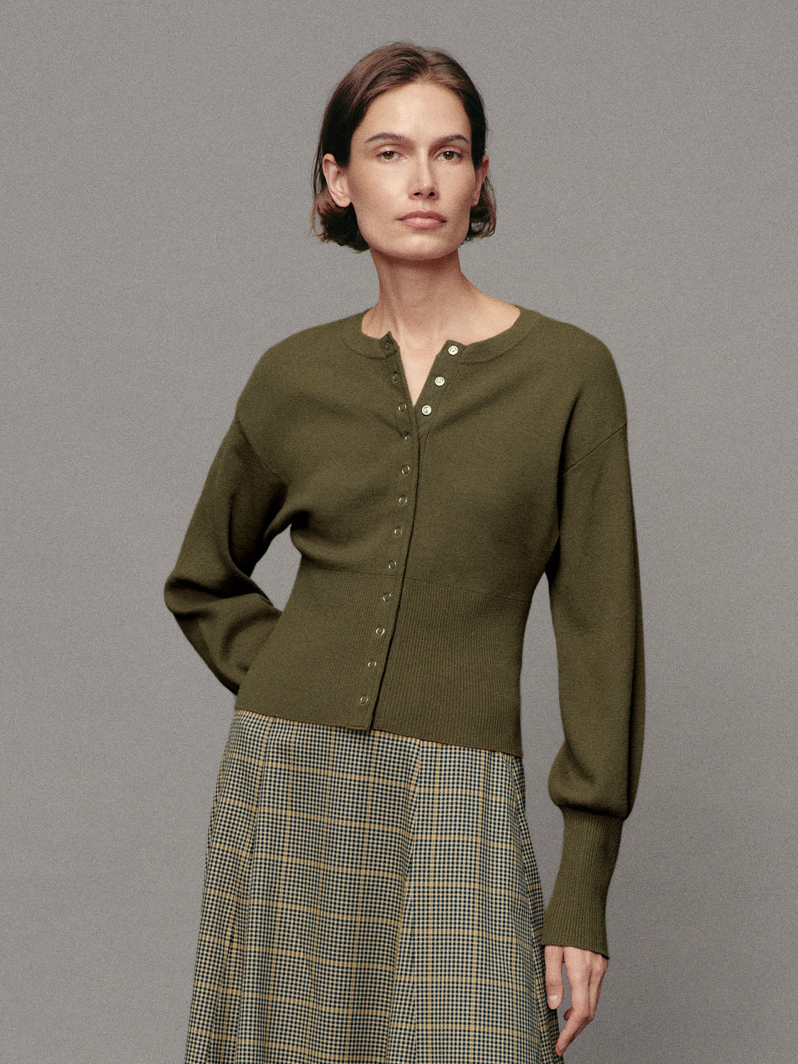 Ribbed button-front cardigan in olive green with long sleeves