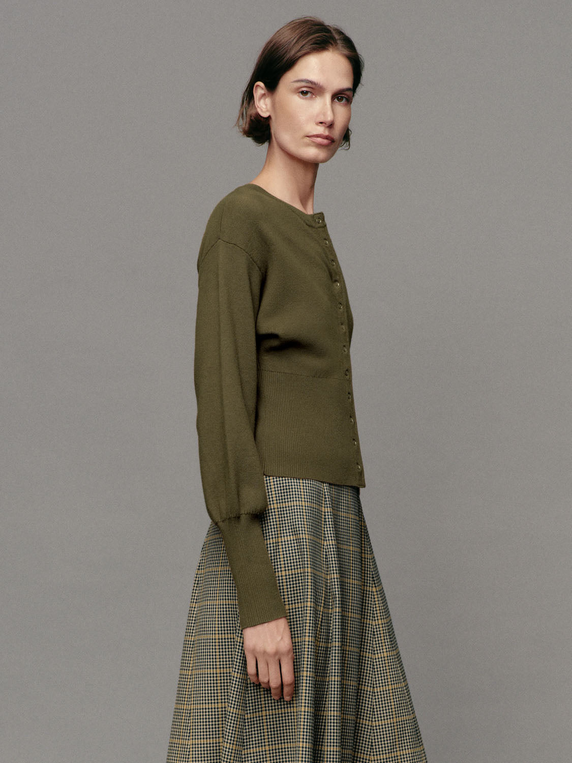 Ribbed Button Front Crew Neck Long Sleeve Cardigan in olive green; knit cardigan with ribbed hem and front buttons