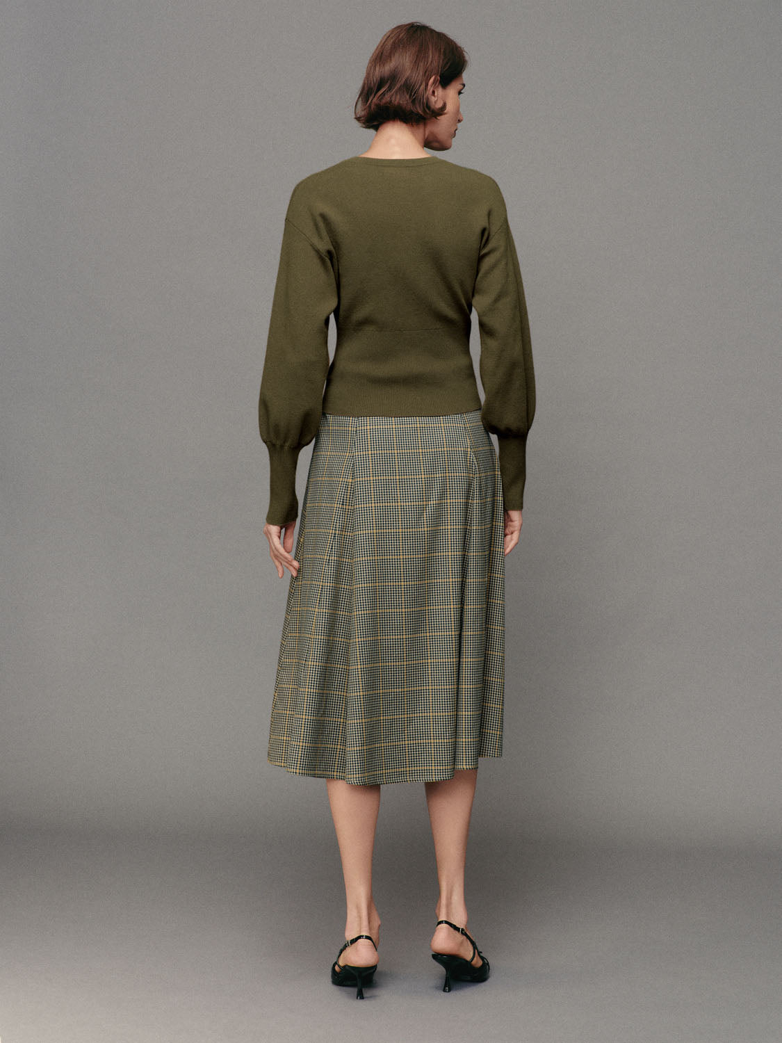 Ribbed Button Front Crew Neck Long Sleeve Cardigan in olive-green knit.