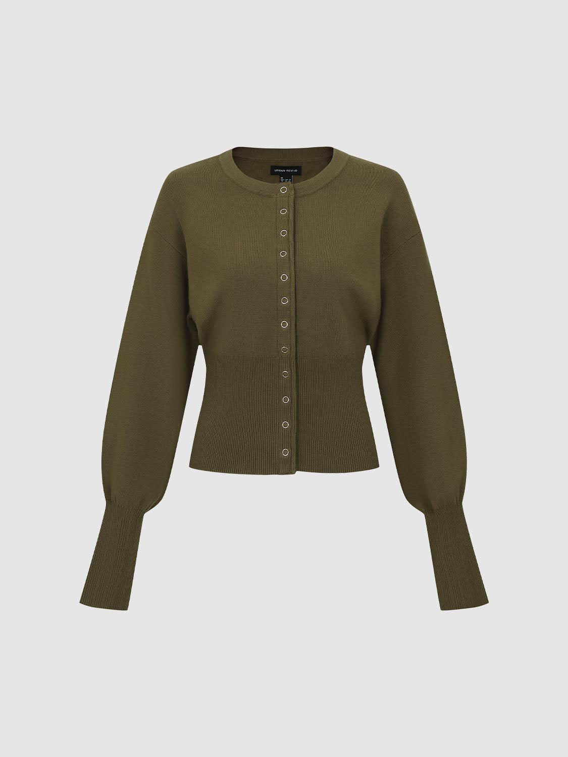 Ribbed button-front crew-neck long-sleeve cardigan in olive by Urban Revivo