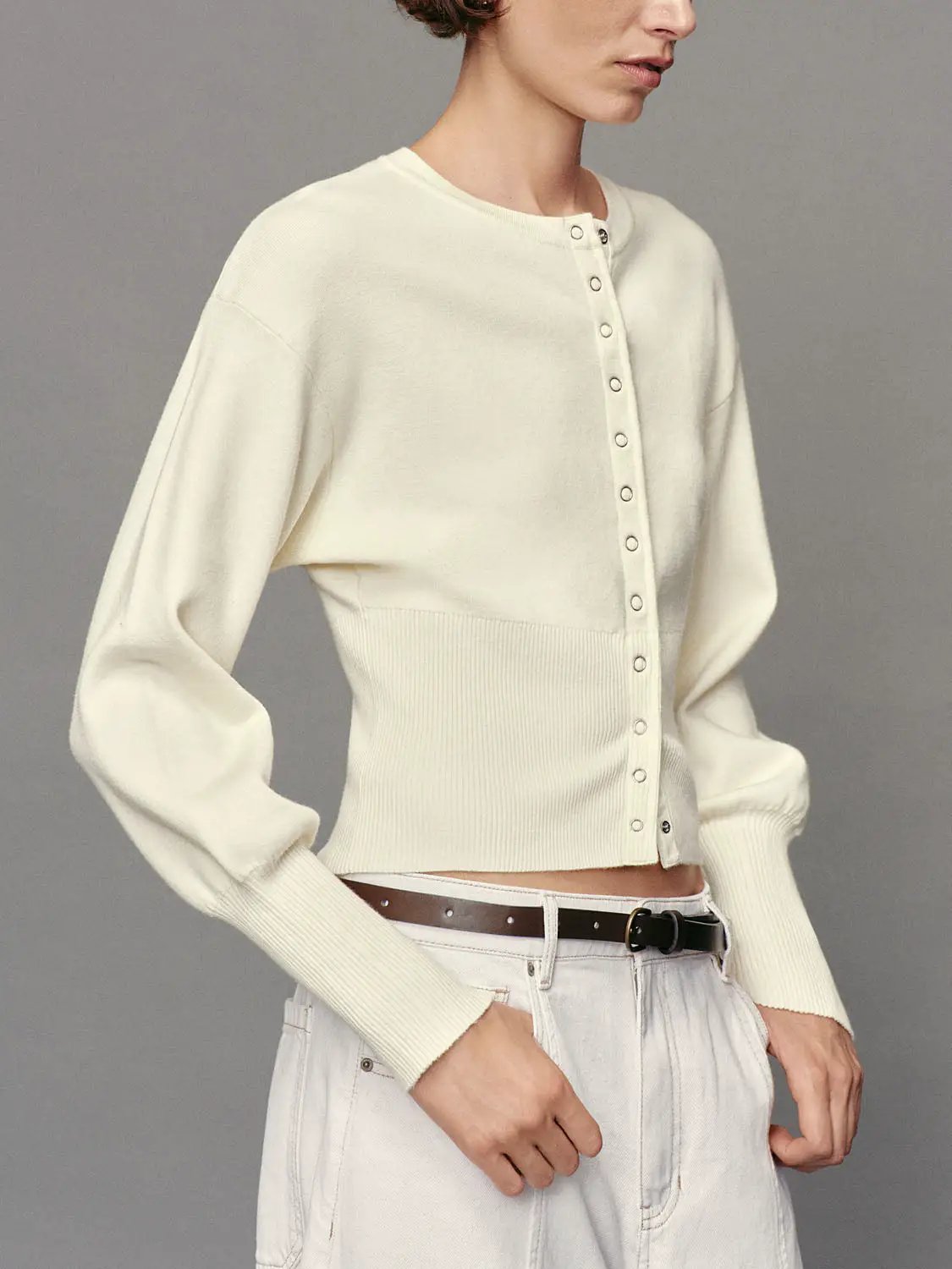 Ribbed button-front crew-neck long-sleeve cardigan, cropped ivory knit by Urban Revivo.