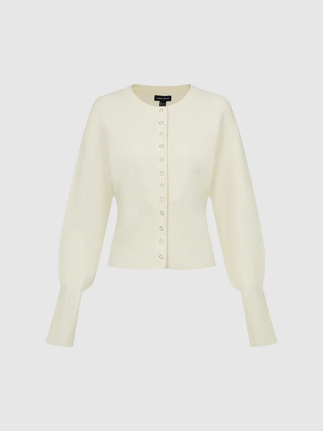 Ribbed button-front crew-neck long-sleeve cardigan in cream knit by Urban Revivo Fashion