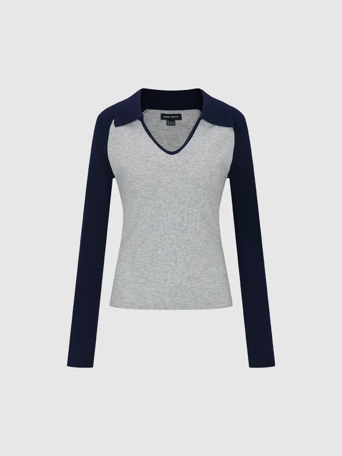 Fitted two-tone V-neck collared long-sleeve knit top by Urban Revivo Fashion; grey body with navy sleeves and collar