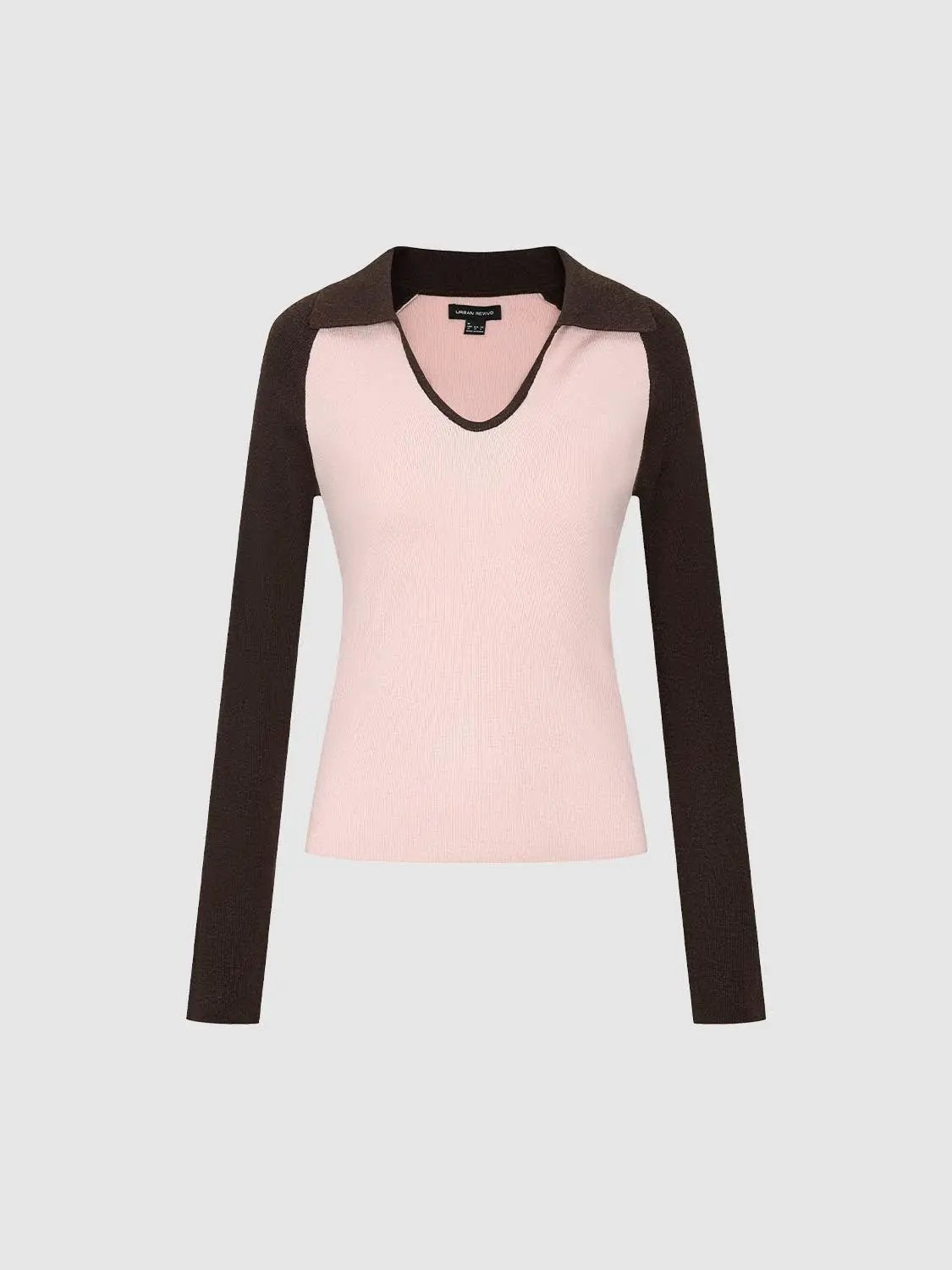 Fitted two-tone V-neck collared knit top, pink body with brown long sleeves, Urban Revivo Fashion.