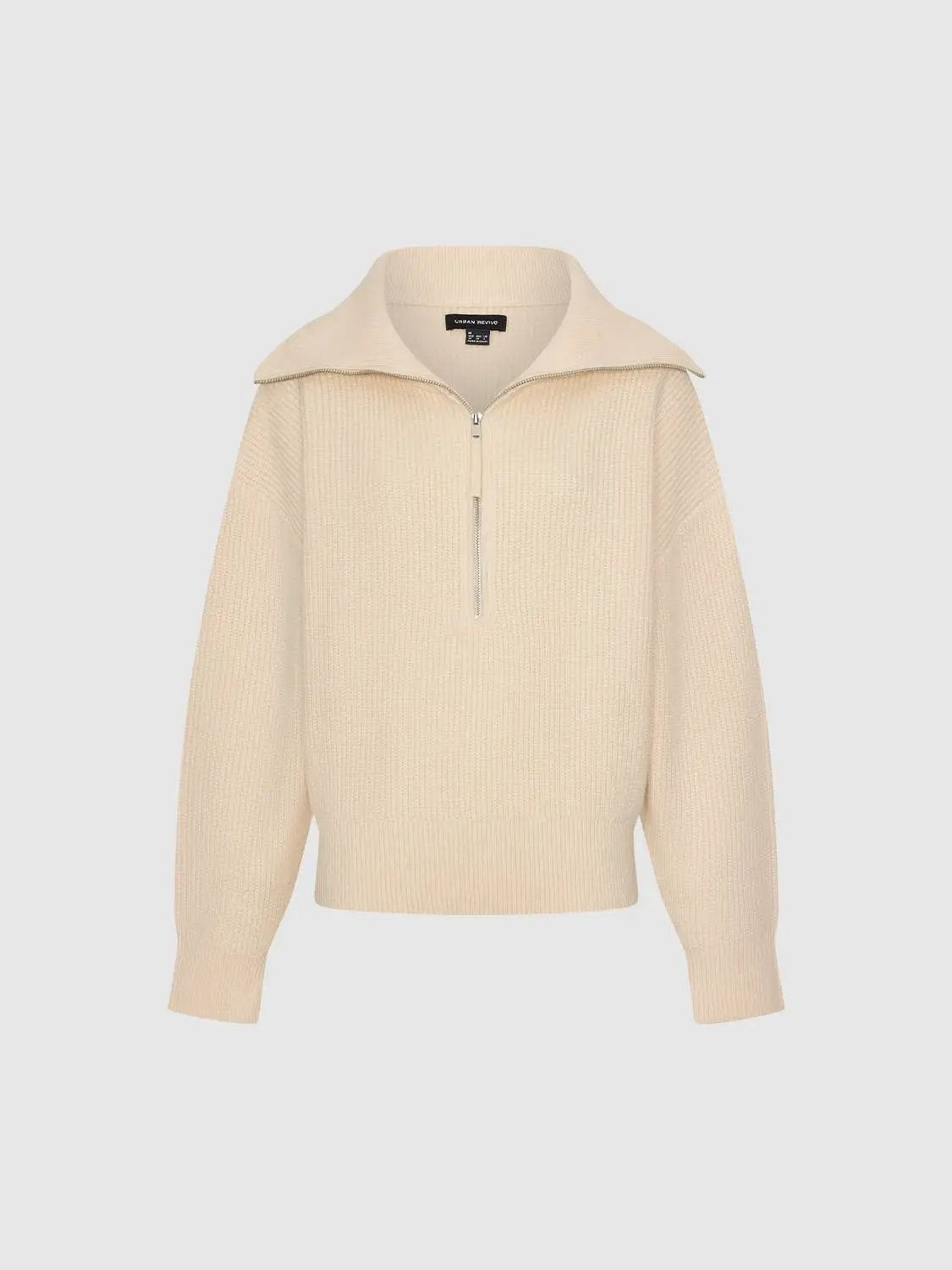 Knit Top beige knit pullover with zip neckline by Urban Revivo Fashion