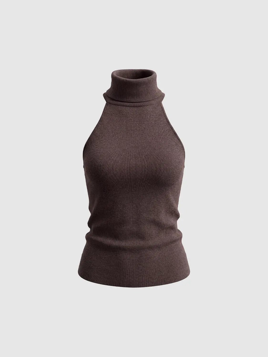 Knit turtleneck sleeveless top in brown, rib-knit fabric